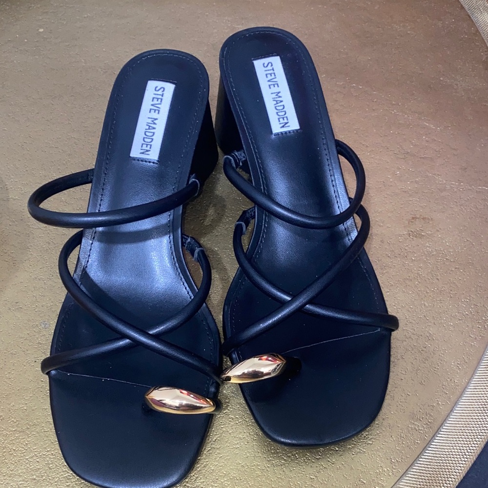 Steve Madden Black Toe Ring Block Heel Sandals Slides Women Size 10